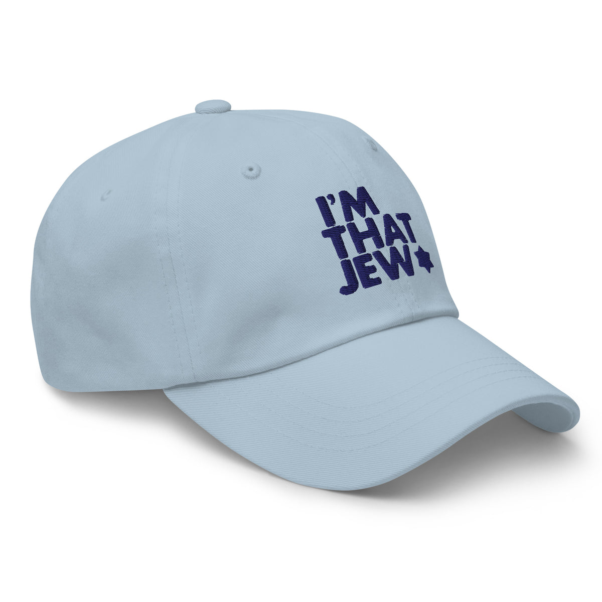Eitan Chitayat's I'm That Jew™ Hat in light blue with navy embroidery, angled view