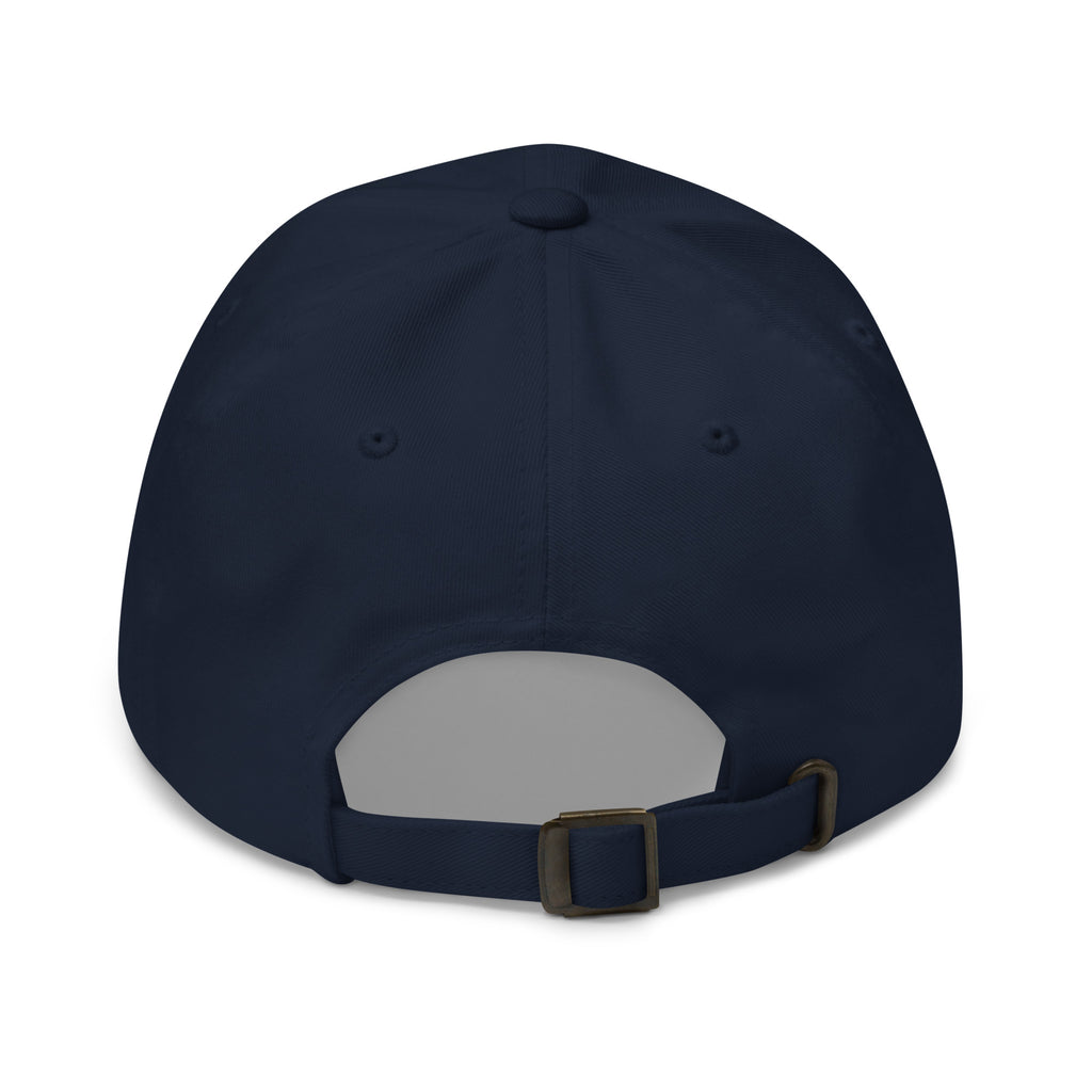 Back view of navy Abba dad hat with adjustable strap and metal buckle
