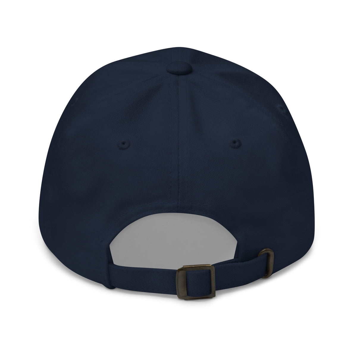 Back view of navy Abba dad hat with adjustable strap and metal buckle