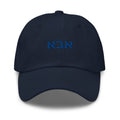 Front view of navy Abba (אבא) dad hat with bright blue Hebrew embroidery