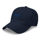 Angled front view of navy Abba (אבא) hat with blue embroidered lettering