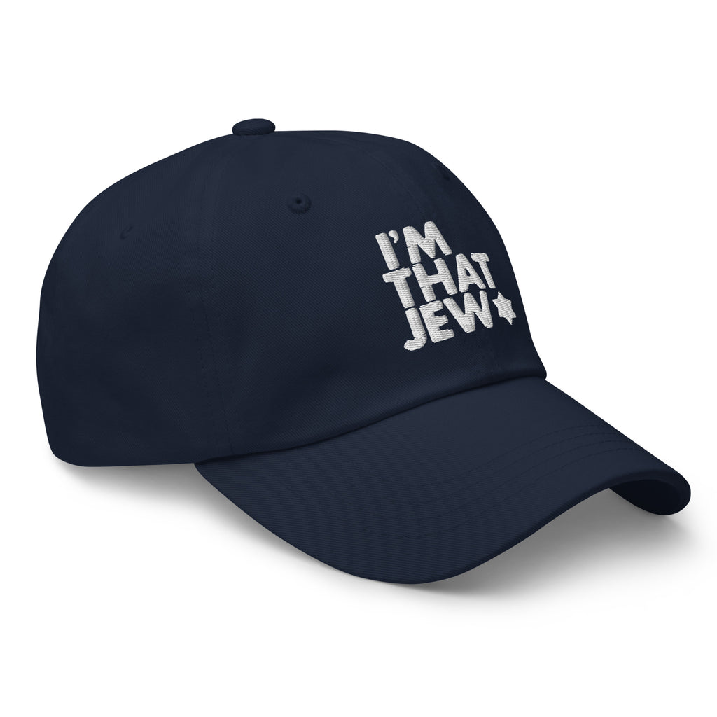 Eitan Chitayat's I'm That Jew™ Hat in navy with white embroidery, angled view