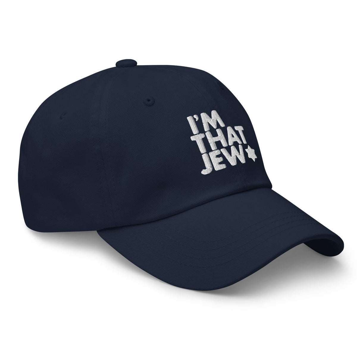 Eitan Chitayat's I'm That Jew™ Hat in navy with white embroidery, angled view