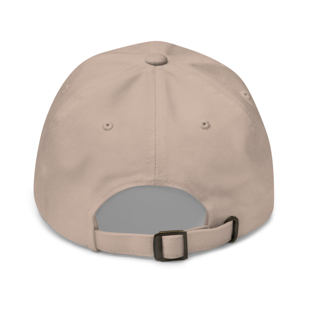 Back view of stone Abba dad hat with adjustable strap and metal buckle