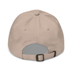 Back view of stone Abba dad hat with adjustable strap and metal buckle