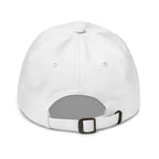 Back view of white Abba dad hat with adjustable strap and metal buckle