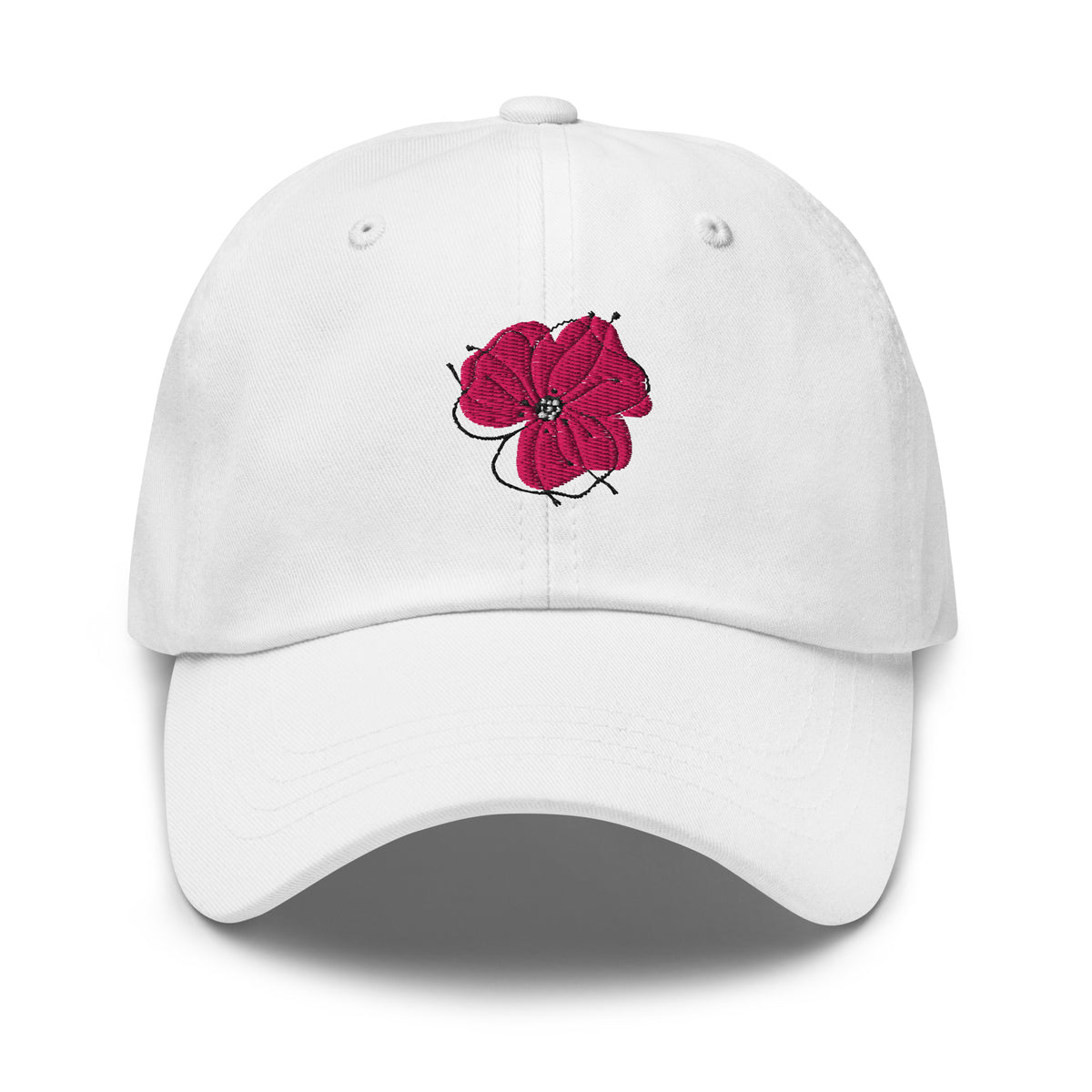 Poppy Lane Poppy Hat in White with embroidered pink poppy, front view