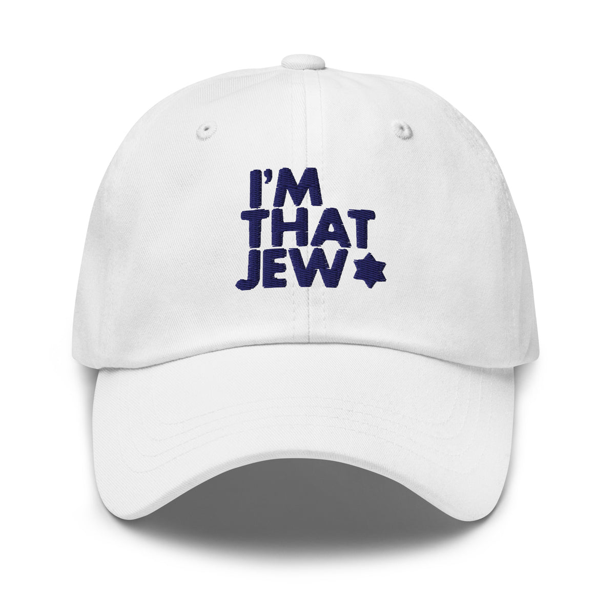 Eitan Chitayat's I'm That Jew™ Hat in white with navy embroidery