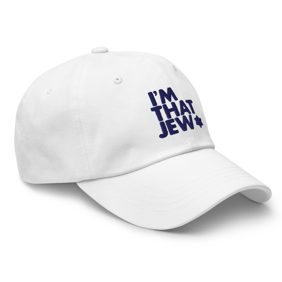 Eitan Chitayat's I'm That Jew™ Hat in white with navy embroidery, angled view