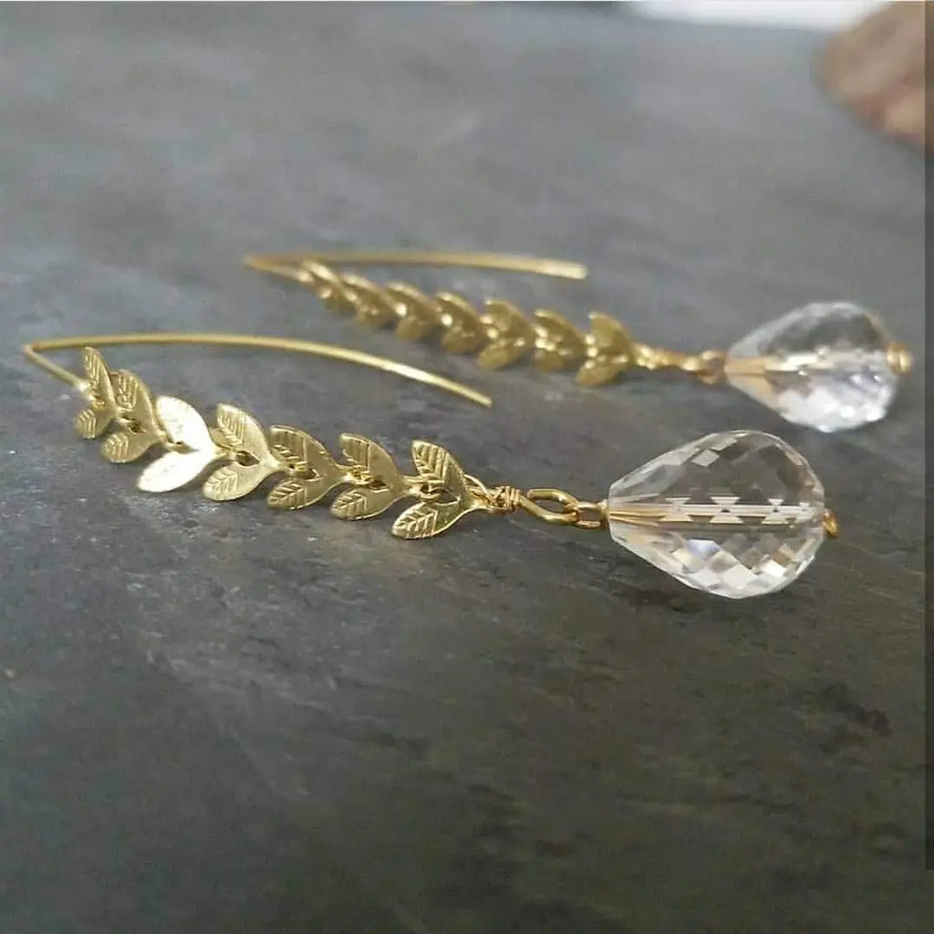 Quartz & Chevron Leaf Chain Earrings