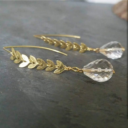 Quartz & Chevron Leaf Chain Earrings