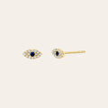 Diamond Mini Evil Eye Stud Earrings in 14K yellow gold with diamonds and blue sapphires by Zoe Lev