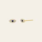 Diamond Mini Evil Eye Stud Earrings in 14K yellow gold with diamonds and blue sapphires by Zoe Lev