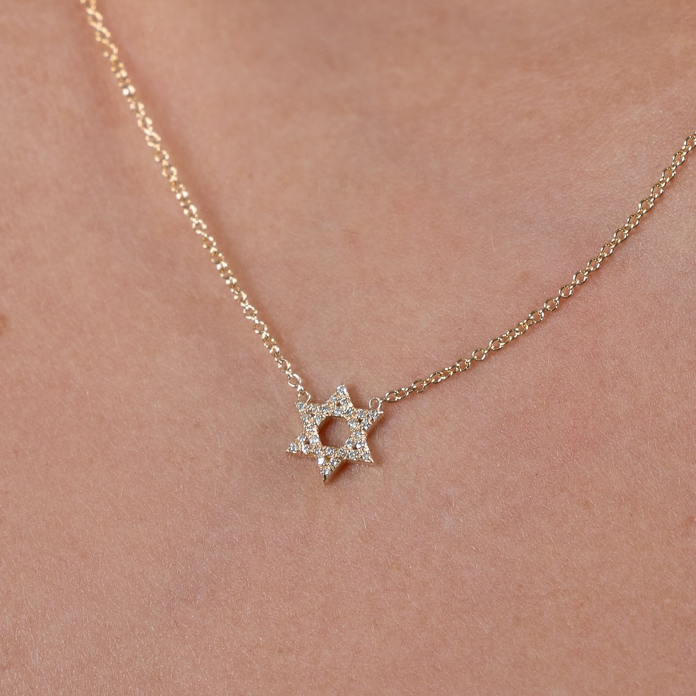 Diamond Open Star of David Necklace worn at the collarbone
