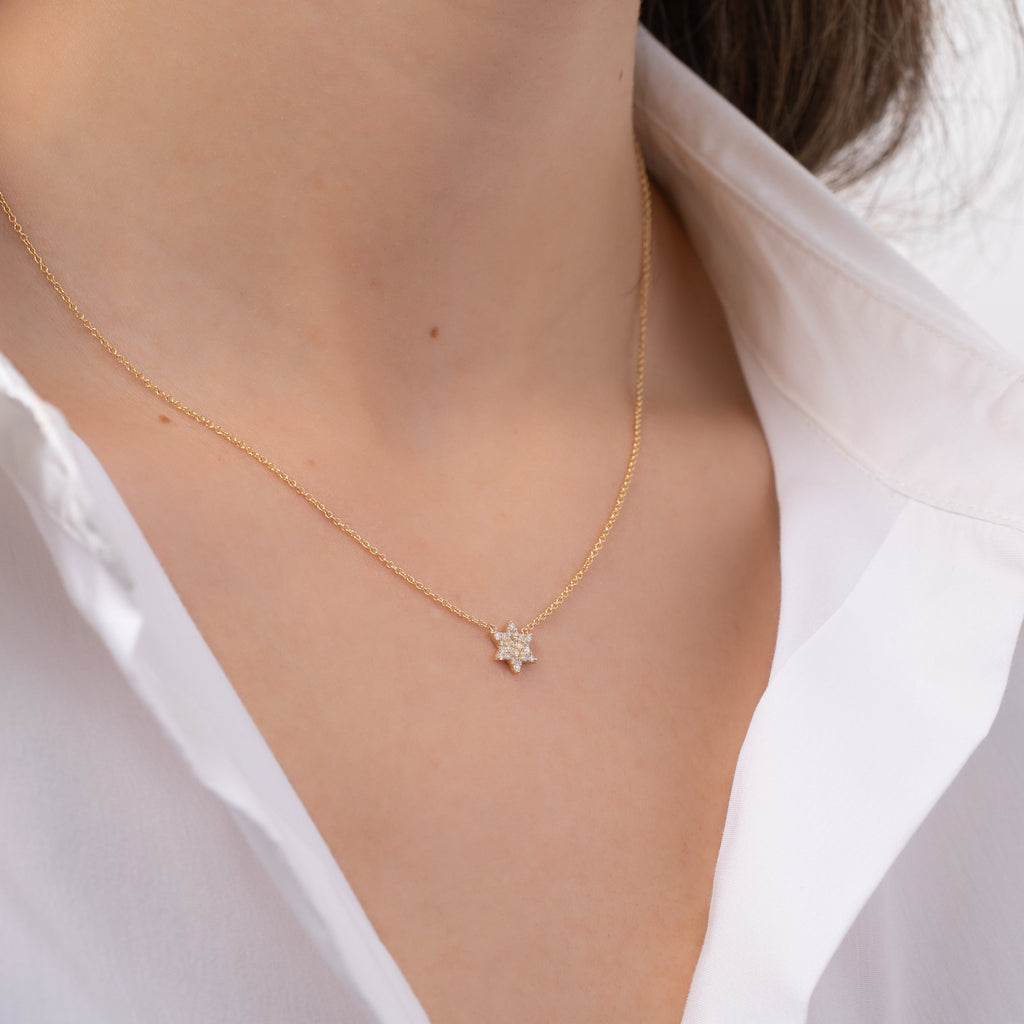 Petite Diamond Star of David Necklace shown worn for scale