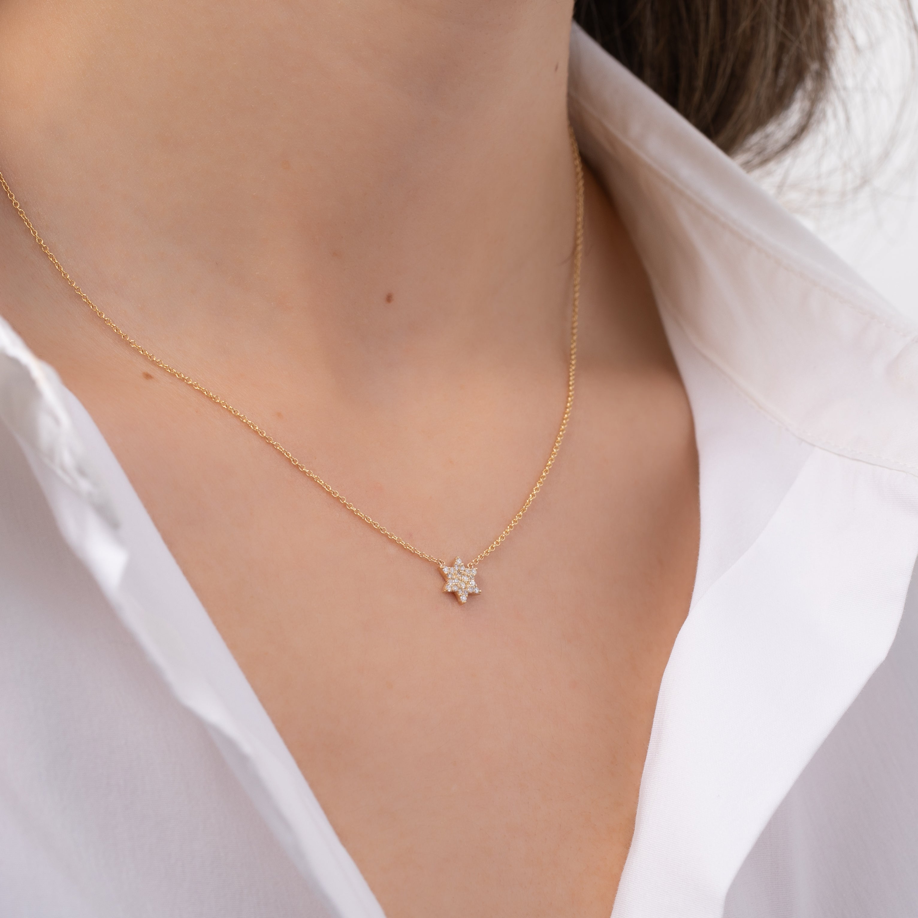 Petite Diamond Star of David Necklace shown worn for scale