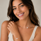 Asymmetrical Diamond Star of David Necklace worn by a woman