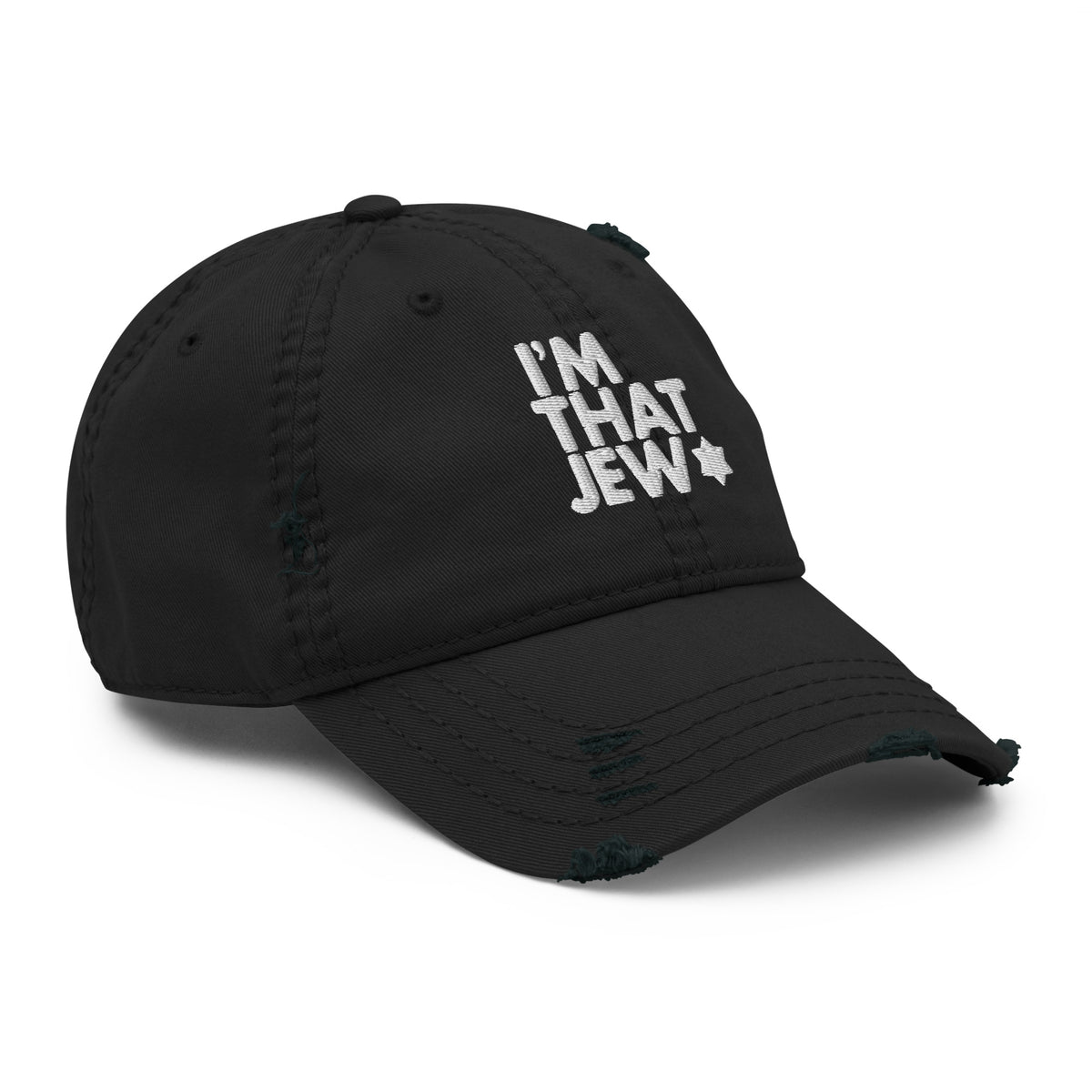Eitan Chitayat's I'm That Jew™ Distressed Hat in black, angled view