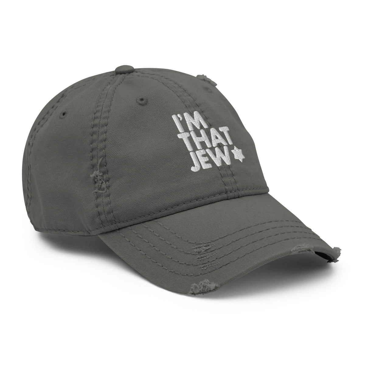 Eitan Chitayat's I'm That Jew™ Distressed Hat in charcoal grey, angled view