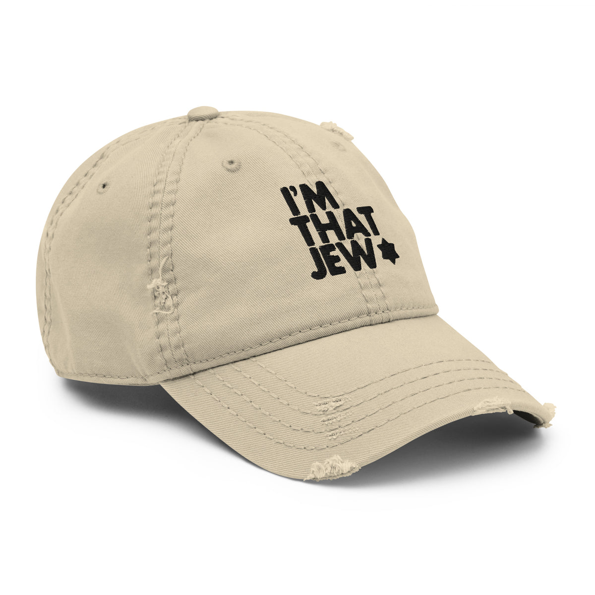 Eitan Chitayat's I'm That Jew™ Distressed Hat in khaki, angled view