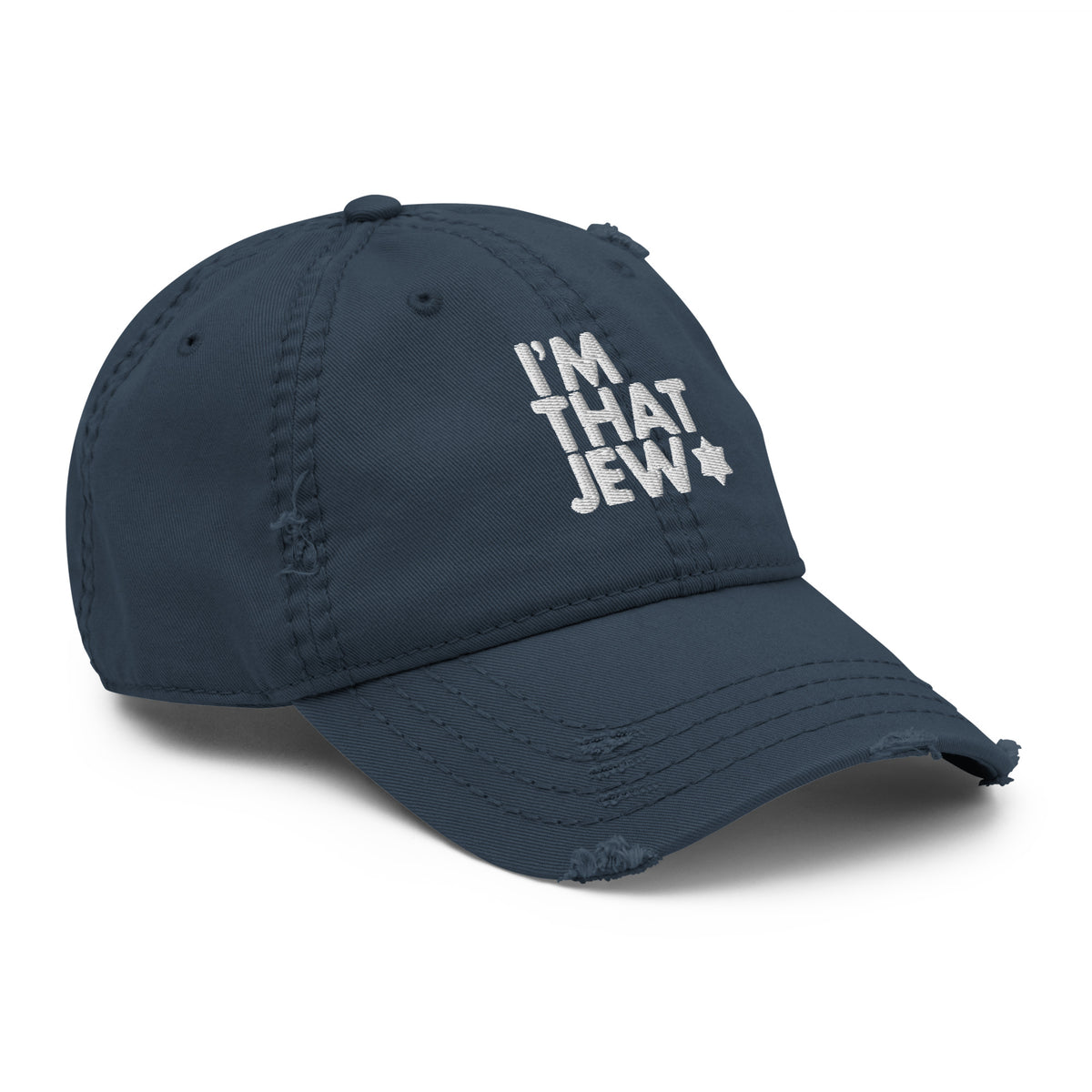 Eitan Chitayat's I'm That Jew™ Distressed Hat in navy, angled view