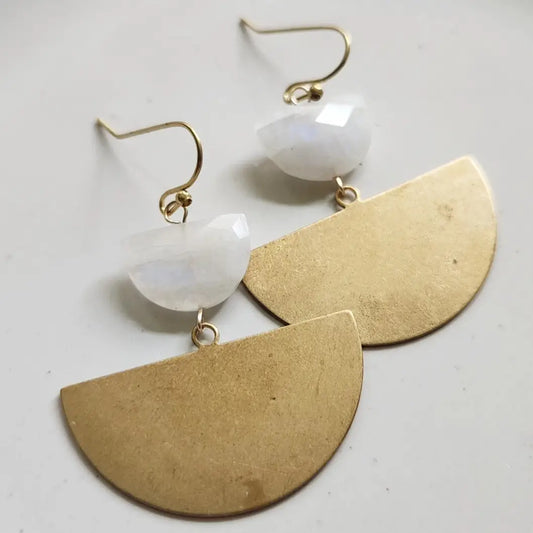 Crescent Moonstone & Brass Statement Earrings