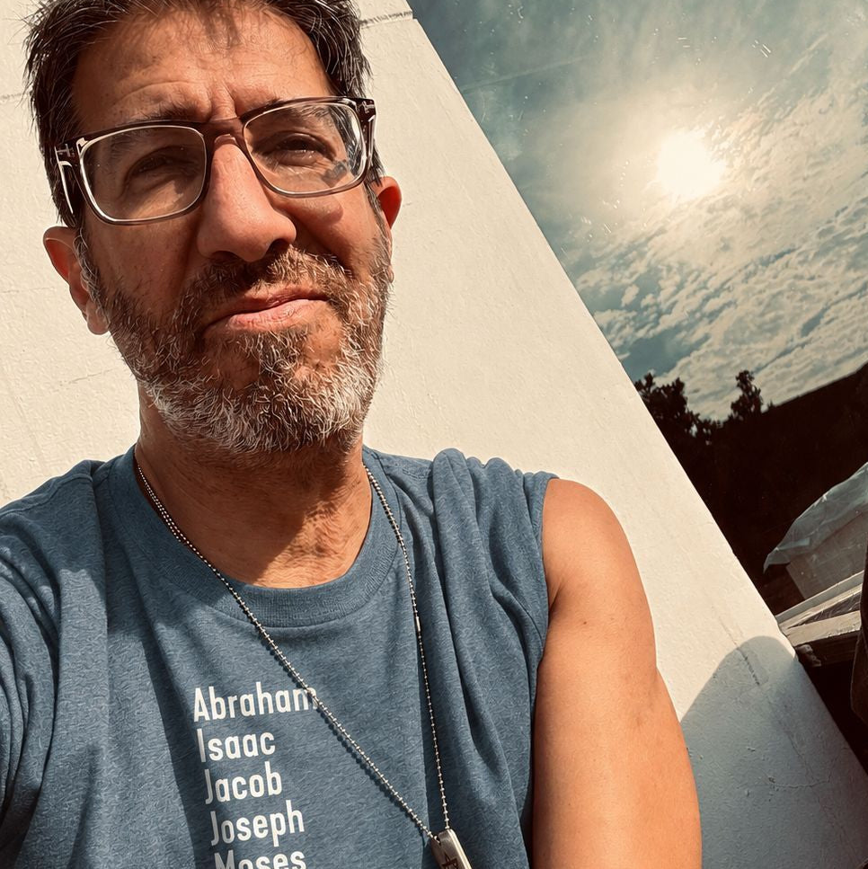 Eitan Chitayat wearing The Ten Patriarchs T-Shirt in Tel Aviv