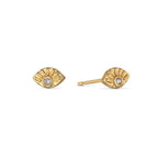 Front and side views of Shlomit Ofir's gold-plated Evie Post Earrings, highlighting the textured eye-shaped design, clear crystal accents, and stud posts.