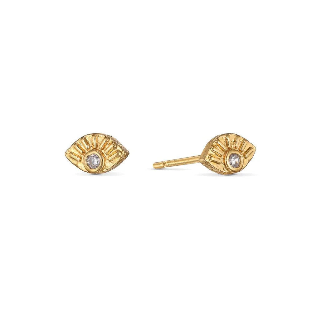 Front and side views of Shlomit Ofir's gold-plated Evie Post Earrings, highlighting the textured eye-shaped design, clear crystal accents, and stud posts.