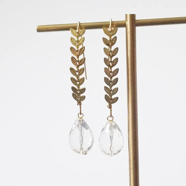 Quartz & Chevron Leaf Chain Earrings