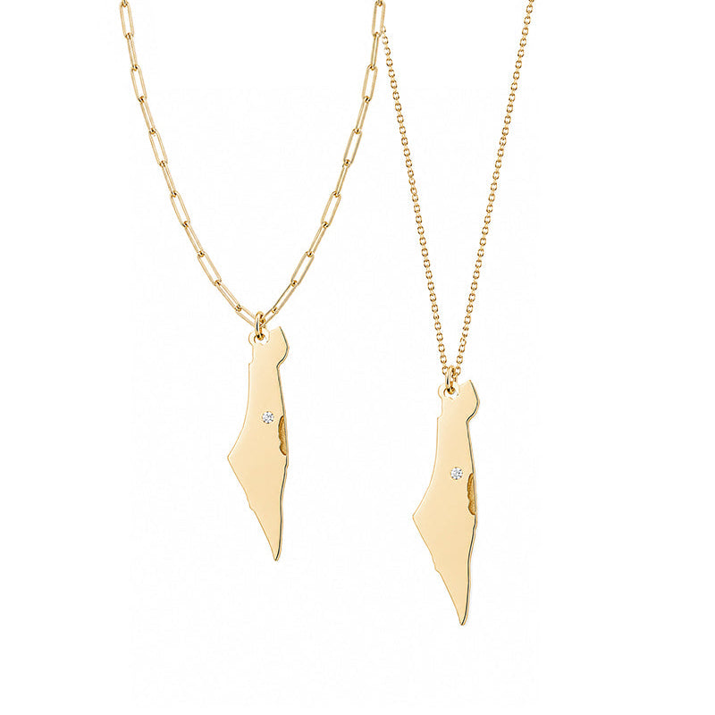 Gold Israel Map Pendant Necklace with classic and paperclip chains