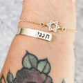 Hineni Hebrew Cuff Bracelet worn with a Star of David bracelet