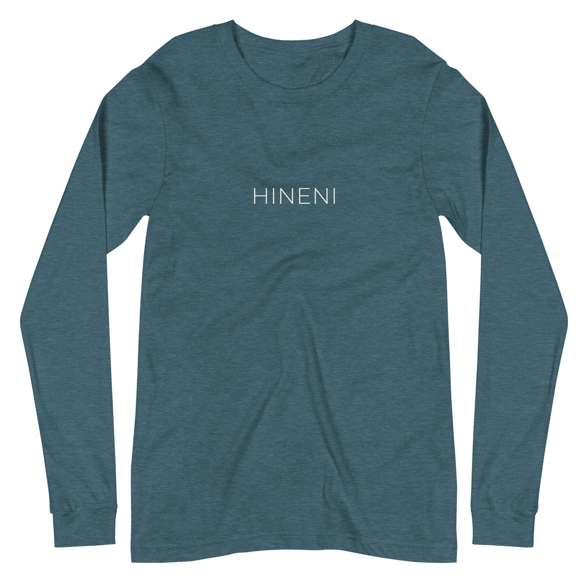 Front view of Heather Deep Teal Hineni Minimalist Long Sleeve T-Shirt by Poppy Lane featuring minimalist HINENI lettering across the chest
