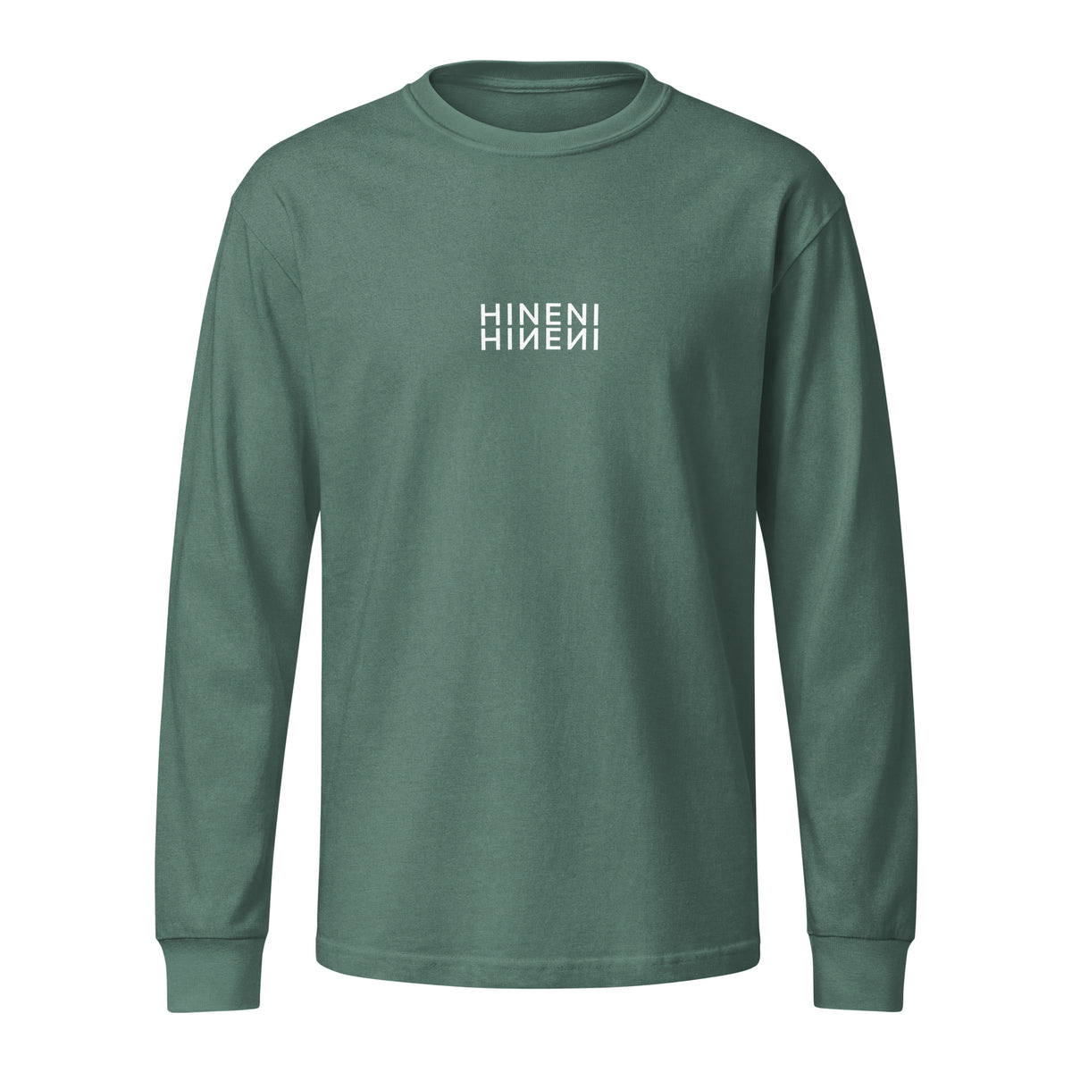 Front product mockup of Washed Pine Hineni Reflection garment-dyed heavyweight long-sleeve tee featuring mirrored Hineni artwork