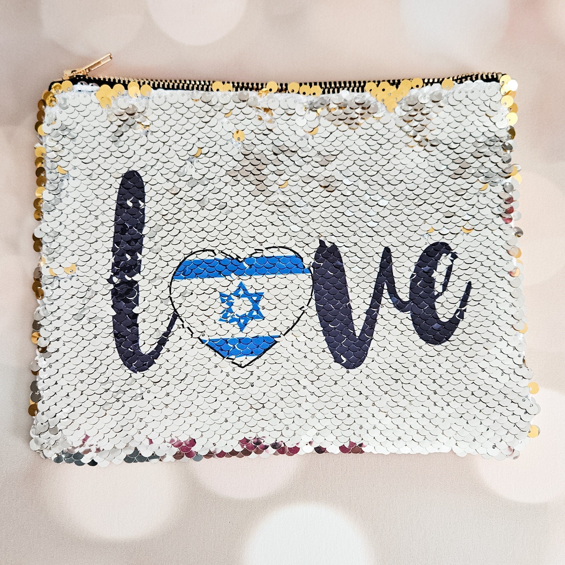 Love Israel Heart Flag Sequined Flip Pouch