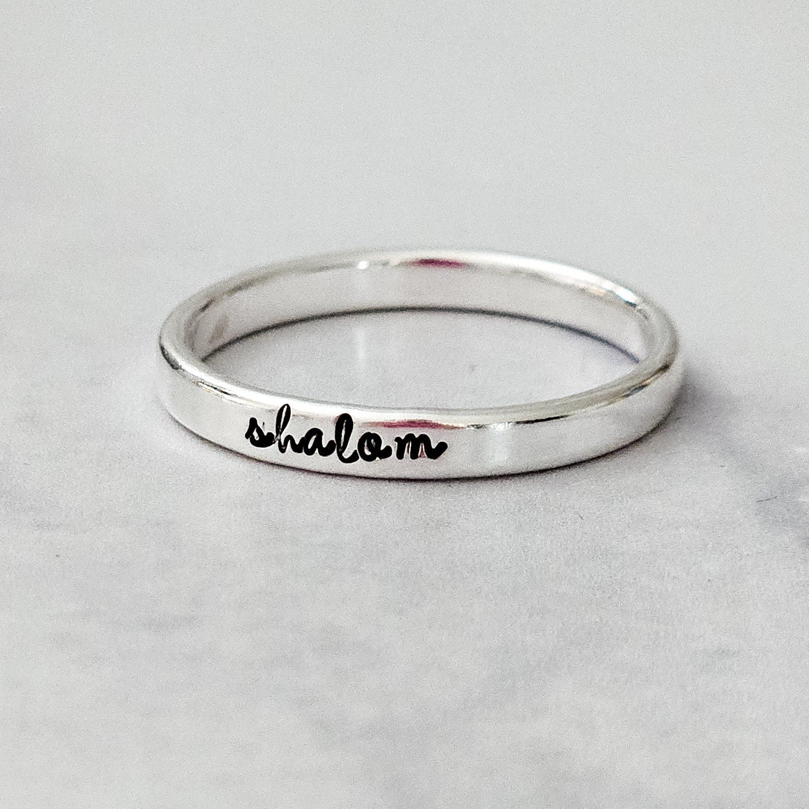 Shalom Sterling Silver Band Ring – English or Hebrew
