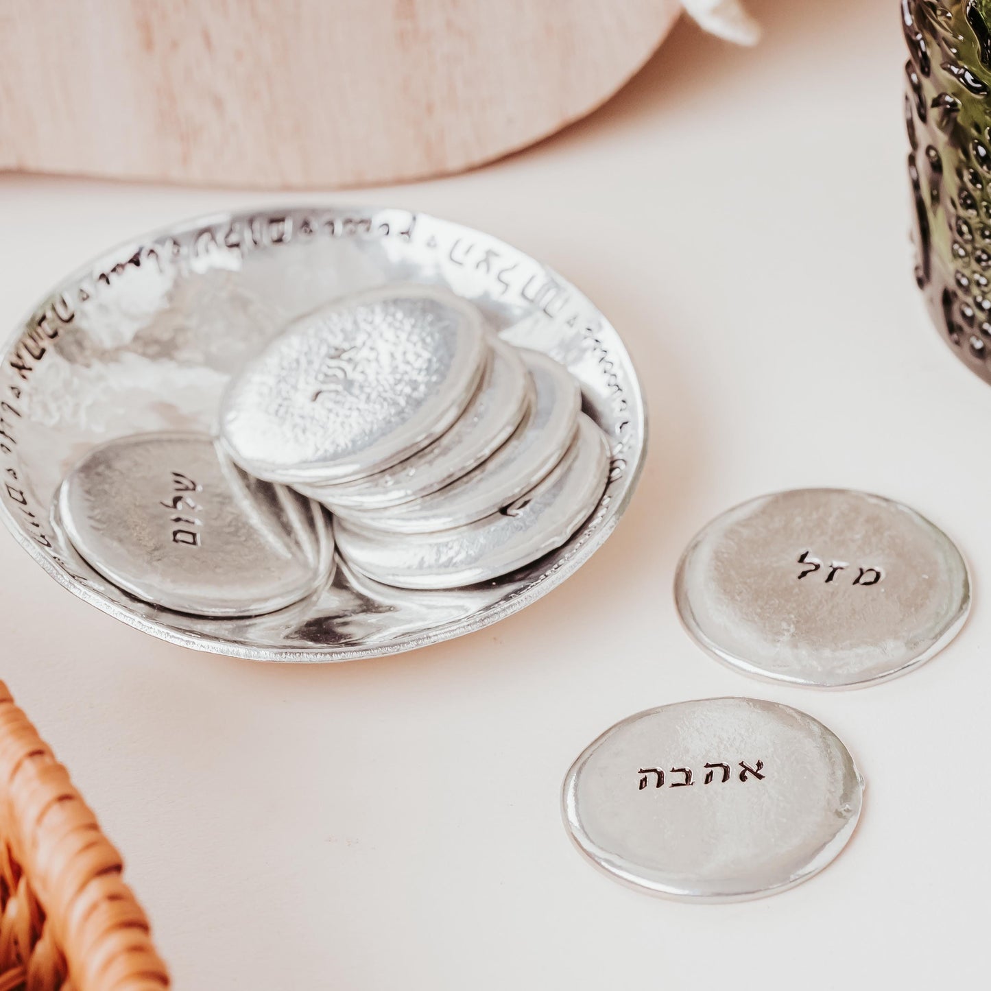 Sheva Brachot Jewish Wedding Gift Set – Pewter Dish + 7 Blessing Stones
