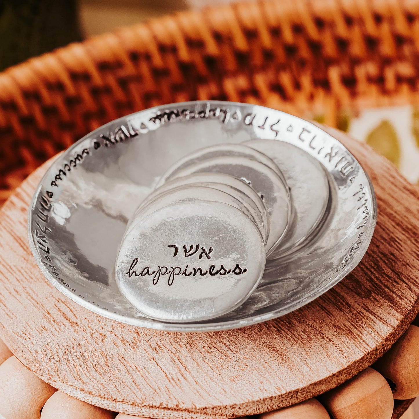 Sheva Brachot Jewish Wedding Gift Set – Pewter Dish + 7 Blessing Stones
