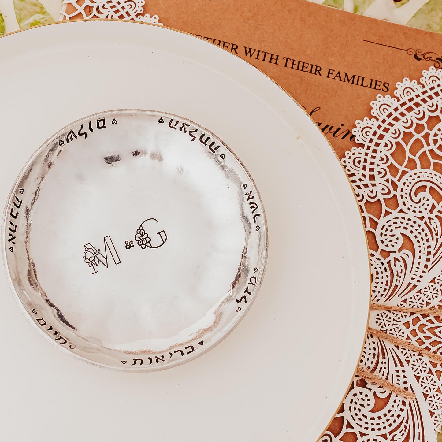 Sheva Brachot Jewish Wedding Gift Set – Pewter Dish + 7 Blessing Stones