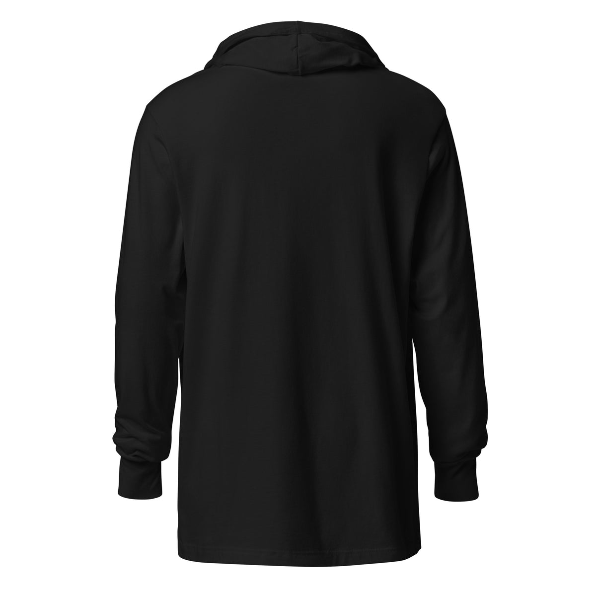Back view of Black I'm That Jew® Lightweight Hooded Tee by Eitan Chitayat, with a soft long-sleeve hooded T-shirt silhouette