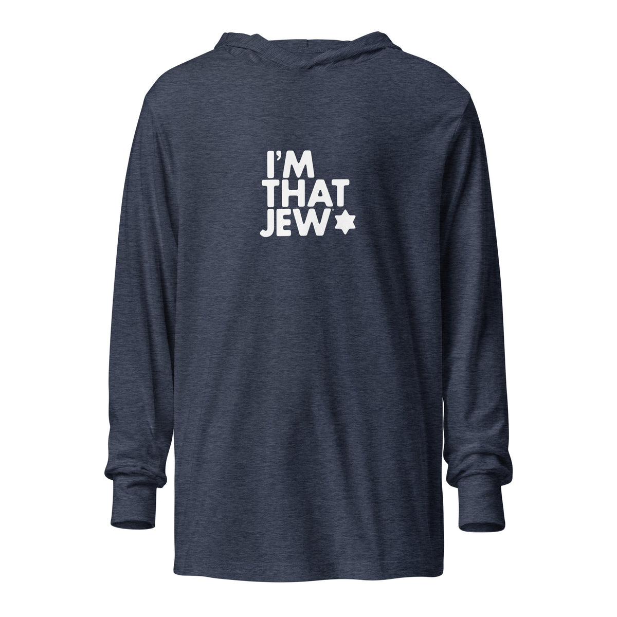 Front view of Heather Navy I'm That Jew® Lightweight Hooded Tee by Eitan Chitayat, with a soft long-sleeve hooded T-shirt silhouette