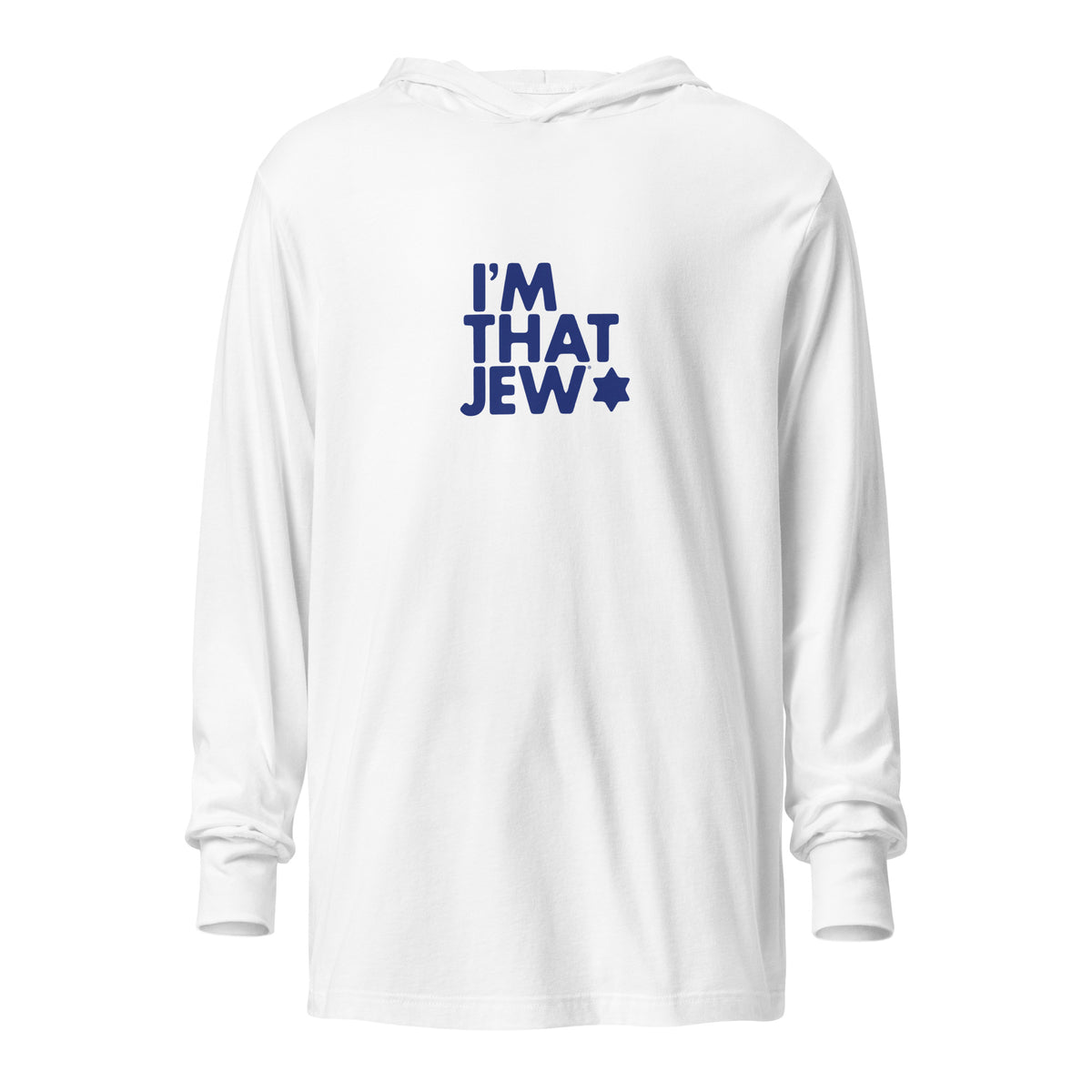 Front view of White I'm That Jew® Lightweight Hooded Tee by Eitan Chitayat, with a soft long-sleeve hooded T-shirt silhouette