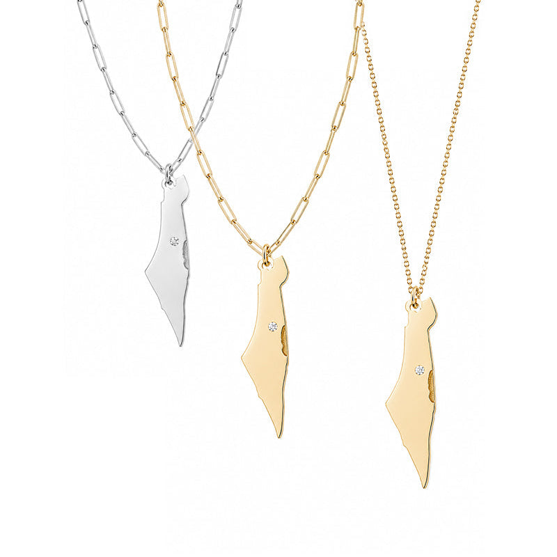 Israel Map Pendant Necklace in sterling silver and gold with diamond marking Jerusalem by Miriam Merenfeld