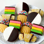 Marzipan Jewish cookies inspired by black and whites, rainbow cookies, rugelach and sprinkle cookies