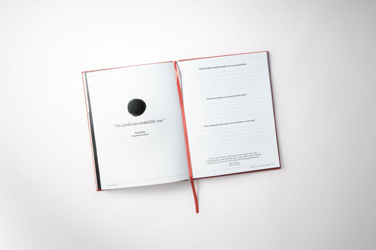 Open Jewish Gratitude Journal showing Jewish wisdom and guided reflection prompts by Oneg