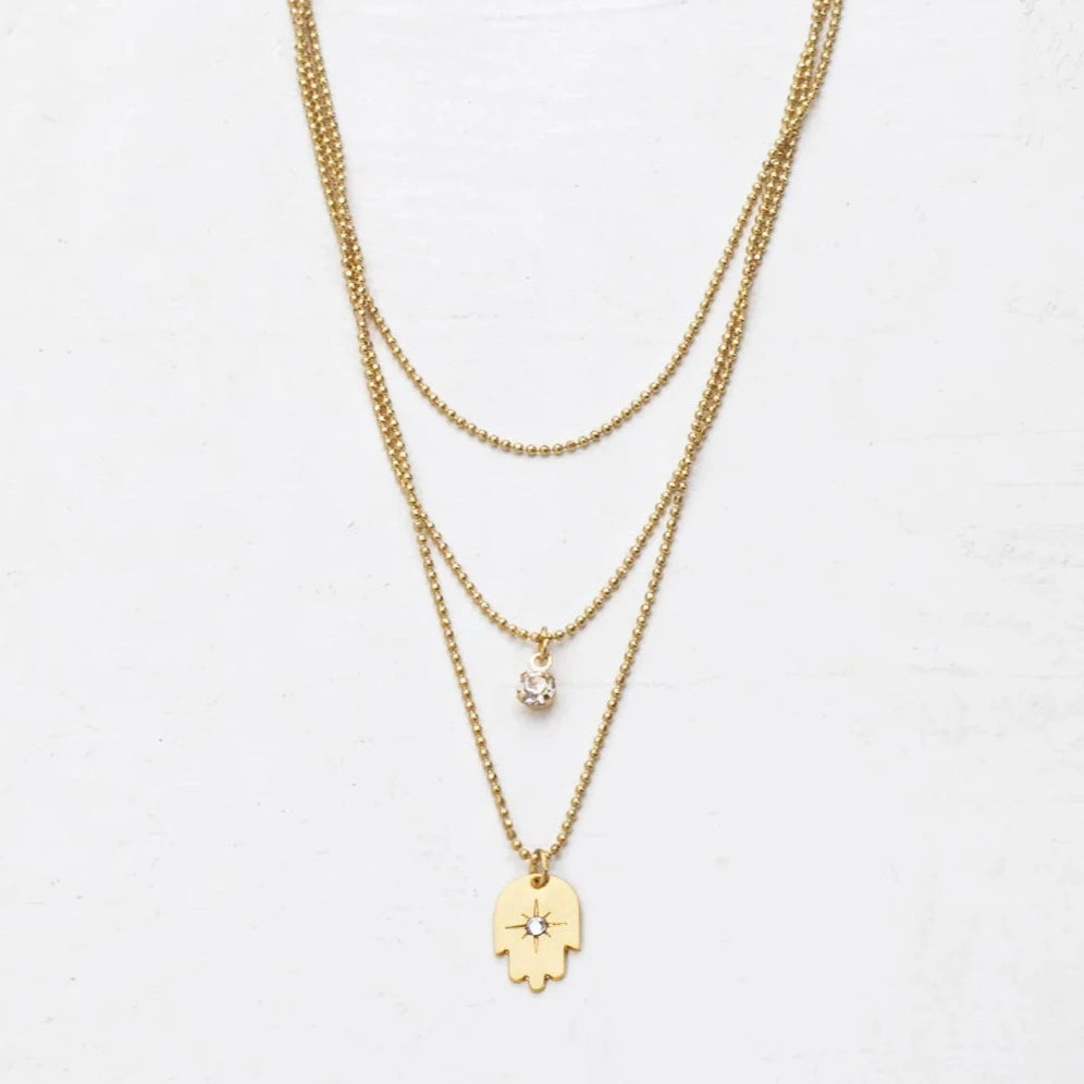 Gold Layered Hamsa Necklace with crystal accents by Shlomit Ofir