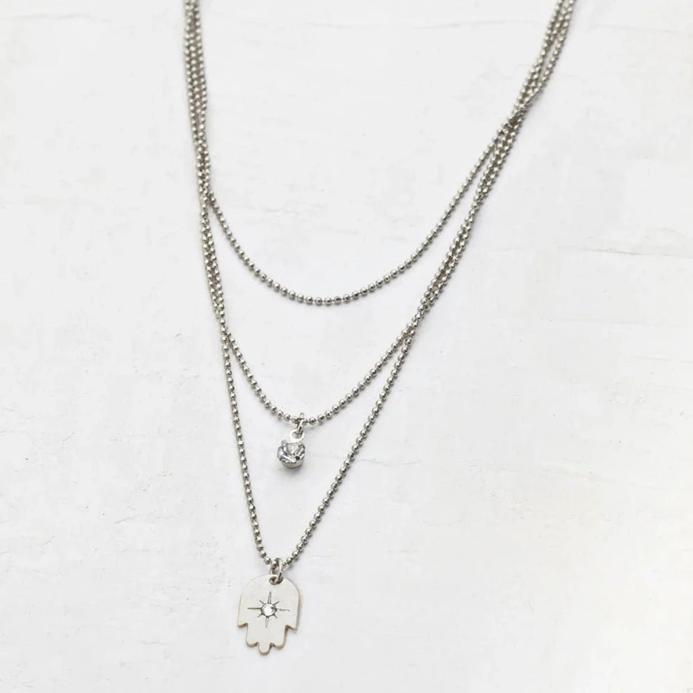 Silver Layered Hamsa Necklace with crystal accents by Shlomit Ofir