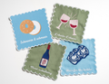Set of four embroidered Jewish cocktail napkins with L’Chaim, Schmooze & Schmear, Here for the Babka and Mani-Schvitzing sayings.