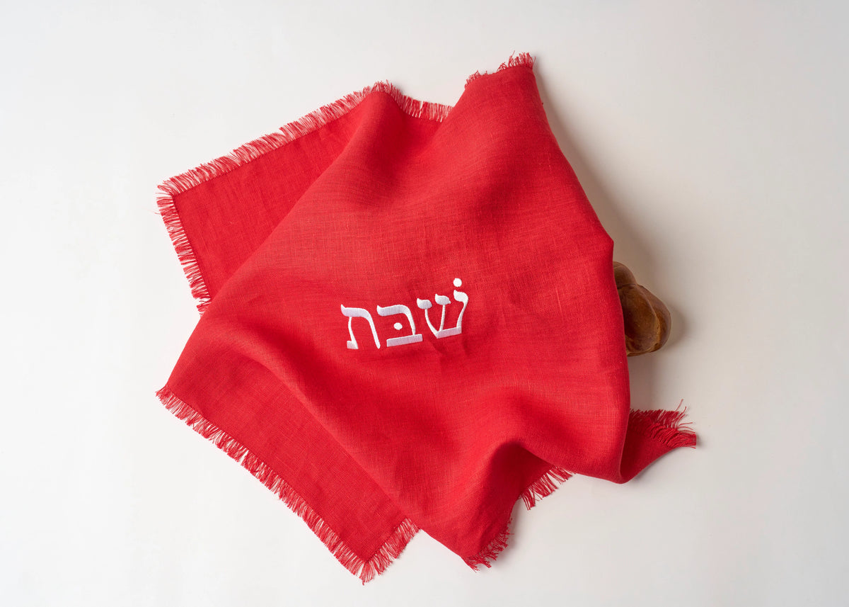 Linen Shabbat challah cover in Red by Oneg