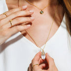 Pearl Long Mystic Necklace worn by a woman